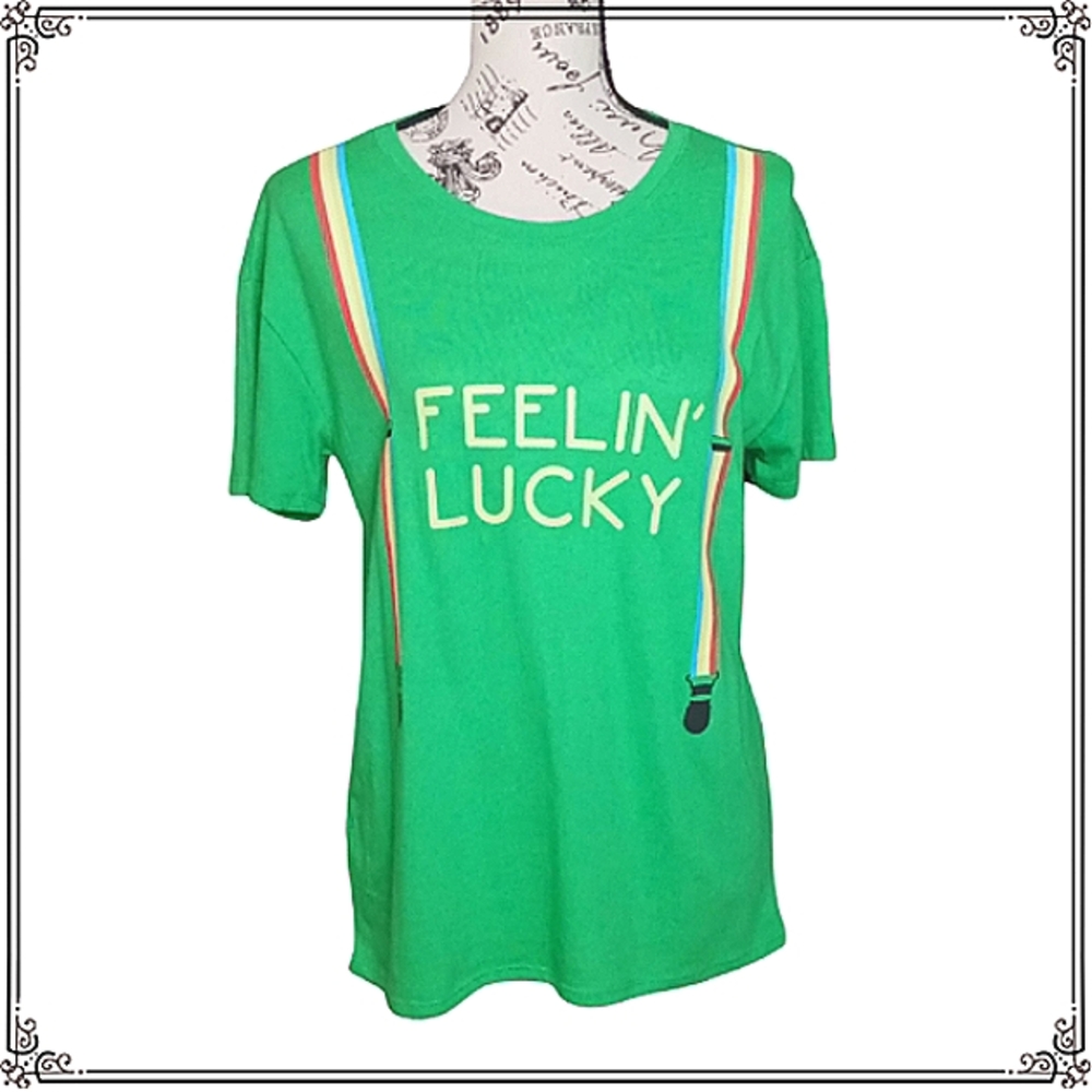 City Streets "Feelin' Lucky" Green Tee Shirt Size Med